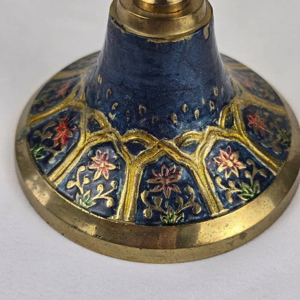Vintage Persian Enamel on Brass Candlestick Holders Set of 2 Floral Blue Gold
